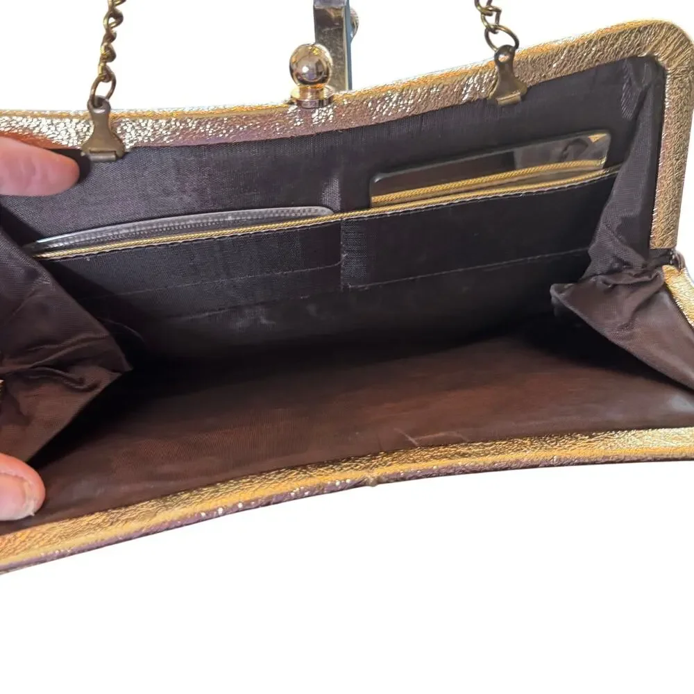 Vintage 1960's Gold Crinkle Metallic‎ Clutch Convertible Evening Handbag